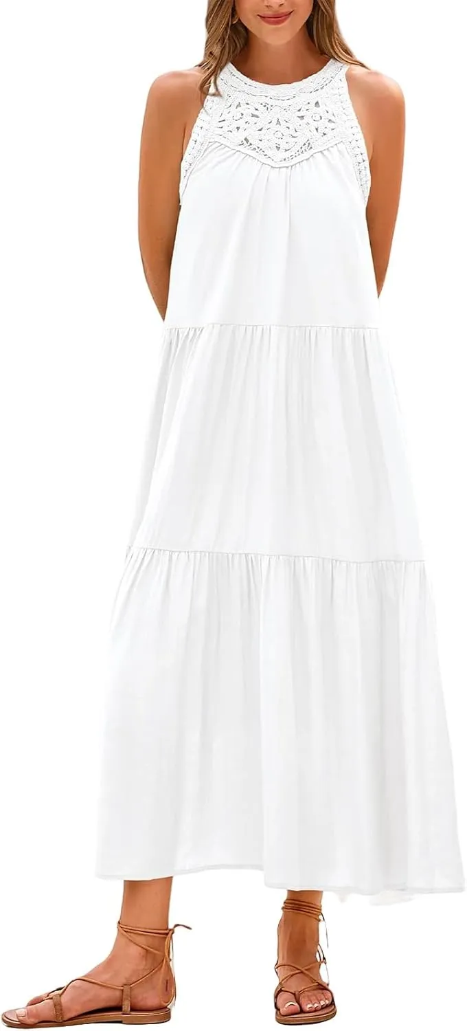Dresses for Women Boho A Line Hollow Loose Fit Crewneck Sleeveless Printed Mini Dress Summer Casual Dressy 2025
