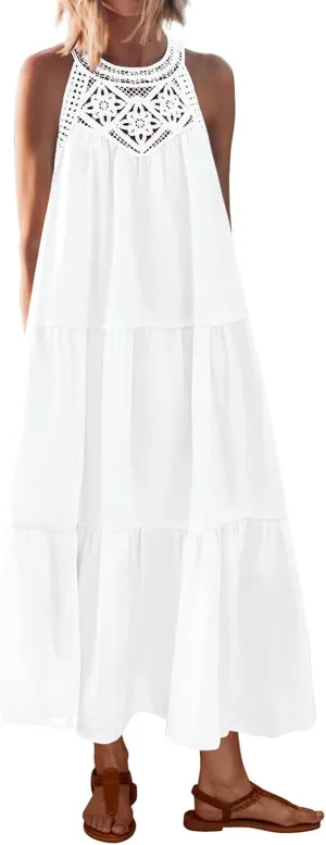 Dresses for Women Boho A Line Hollow Loose Fit Crewneck Sleeveless Printed Mini Dress Summer Casual Dressy 2025