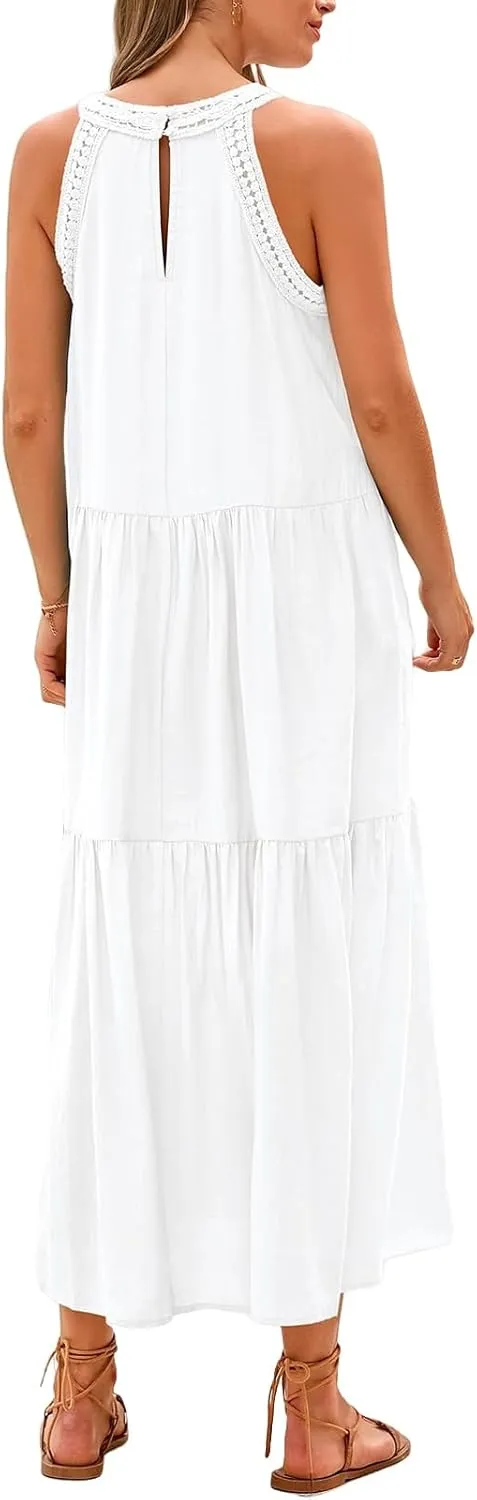 Dresses for Women Boho A Line Hollow Loose Fit Crewneck Sleeveless Printed Mini Dress Summer Casual Dressy 2025