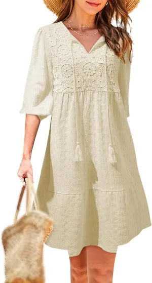 Dresses for Women Boho Loose Fit Drawstring V Neck Short Sleeve Printed Mini Dress Summer Casual Dressy 2025