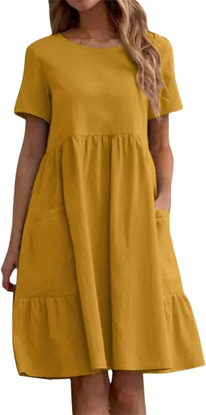 Dresses for Women Casual Linen T Shirt Mini Dresses Loose Tiered Beach Dress Short Sleeve Crewneck Dress with Pockets