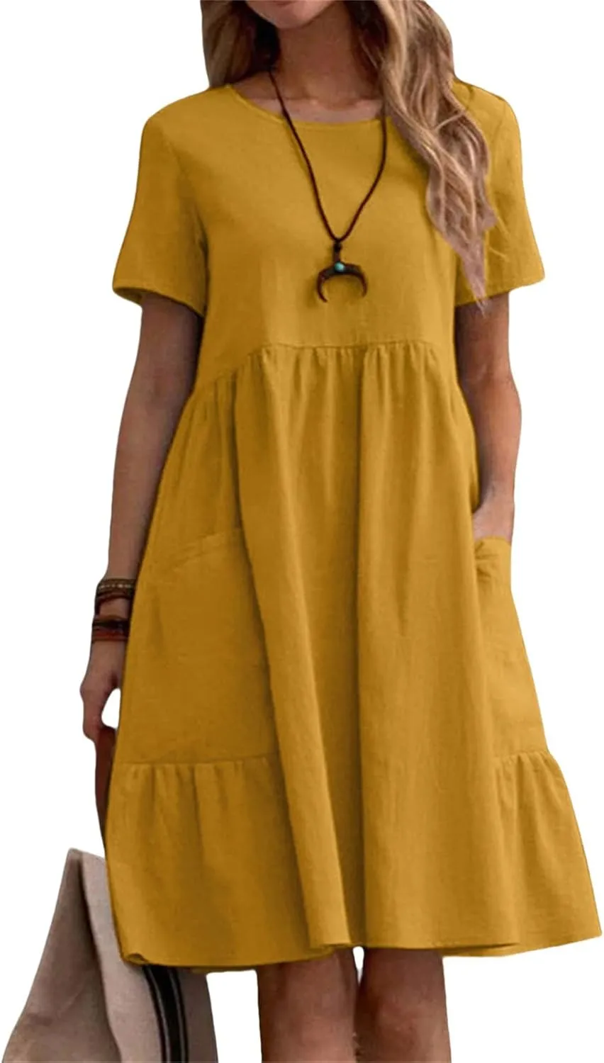 Dresses for Women Casual Linen T Shirt Mini Dresses Loose Tiered Beach Dress Short Sleeve Crewneck Dress with Pockets