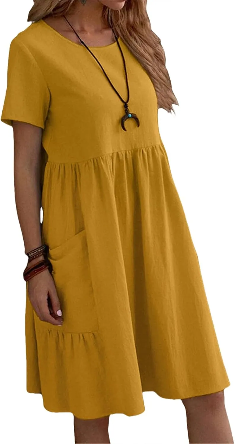 Dresses for Women Casual Linen T Shirt Mini Dresses Loose Tiered Beach Dress Short Sleeve Crewneck Dress with Pockets