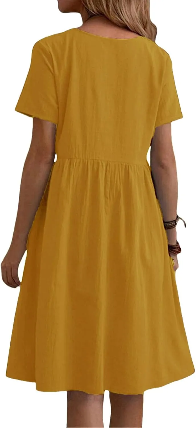 Dresses for Women Casual Linen T Shirt Mini Dresses Loose Tiered Beach Dress Short Sleeve Crewneck Dress with Pockets