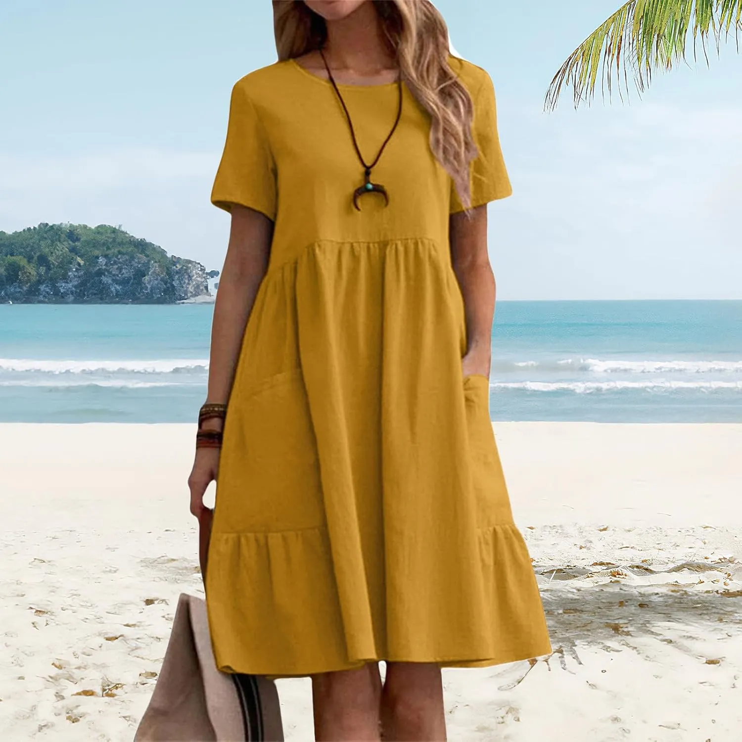 Dresses for Women Casual Linen T Shirt Mini Dresses Loose Tiered Beach Dress Short Sleeve Crewneck Dress with Pockets