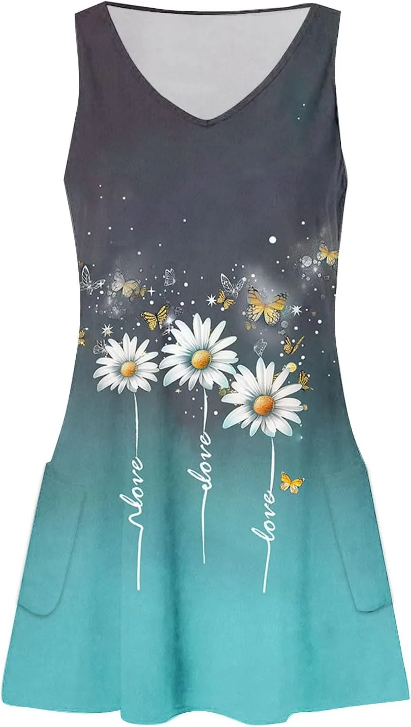 Dresses for Women Floral Sleeveless Mini Dress Summer Casual Vacation Outfits A Line Lightweight Clothes