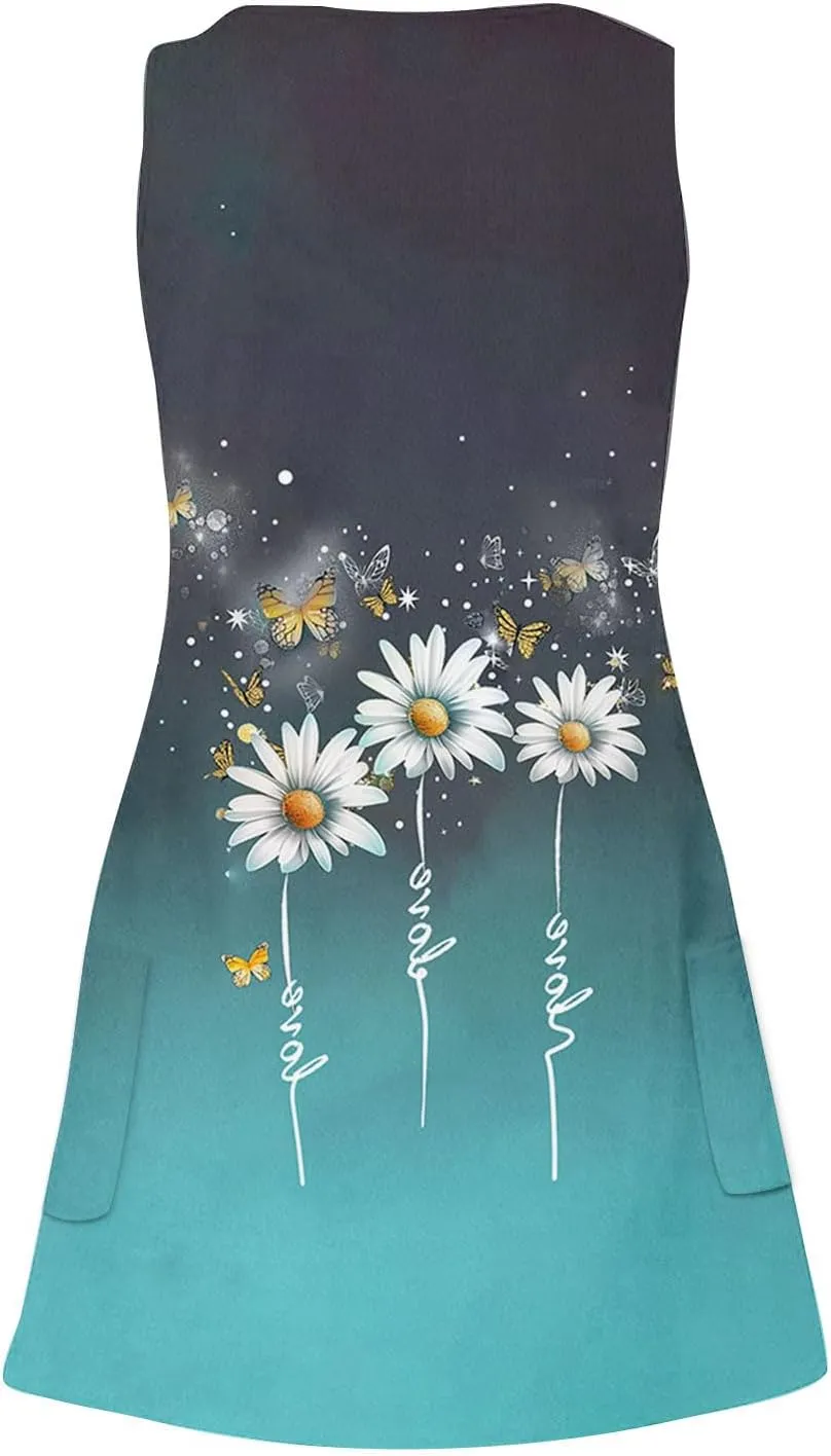 Dresses for Women Floral Sleeveless Mini Dress Summer Casual Vacation Outfits A Line Lightweight Clothes