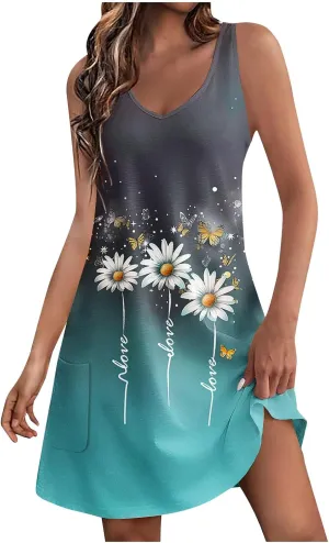 Dresses for Women Floral Sleeveless Mini Dress Summer Casual Vacation Outfits A Line Lightweight Clothes