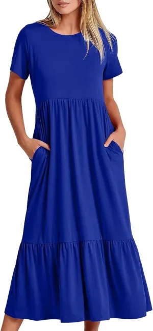 Dresses for Women Short Sleeve Crewneck Ruffle Waist Maxi Dress Summer Tiered Layered Swing Dress Sundress 2025