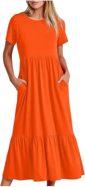 Dresses for Women Short Sleeve Crewneck Ruffle Waist Maxi Dress Summer Tiered Layered Swing Dress Sundress 2025
