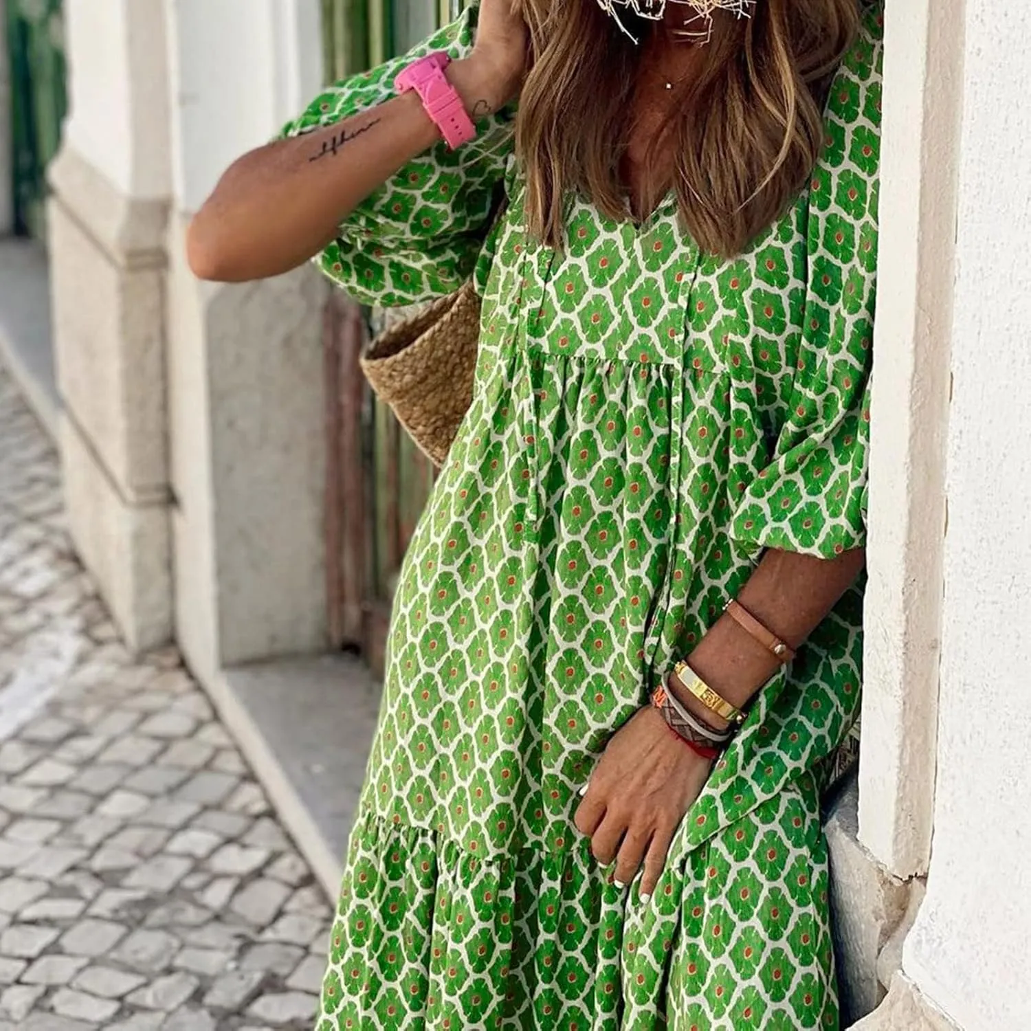 Dresses for Women Summer Boho Loose Fit Sundress Puff Half Sleeve V Neck Maxi Dress Printed Floral Dresses 2025
