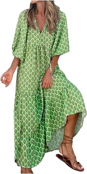 Dresses for Women Summer Boho Loose Fit Sundress Puff Half Sleeve V Neck Maxi Dress Printed Floral Dresses 2025