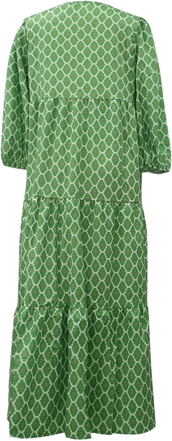 Dresses for Women Summer Boho Loose Fit Sundress Puff Half Sleeve V Neck Maxi Dress Printed Floral Dresses 2025