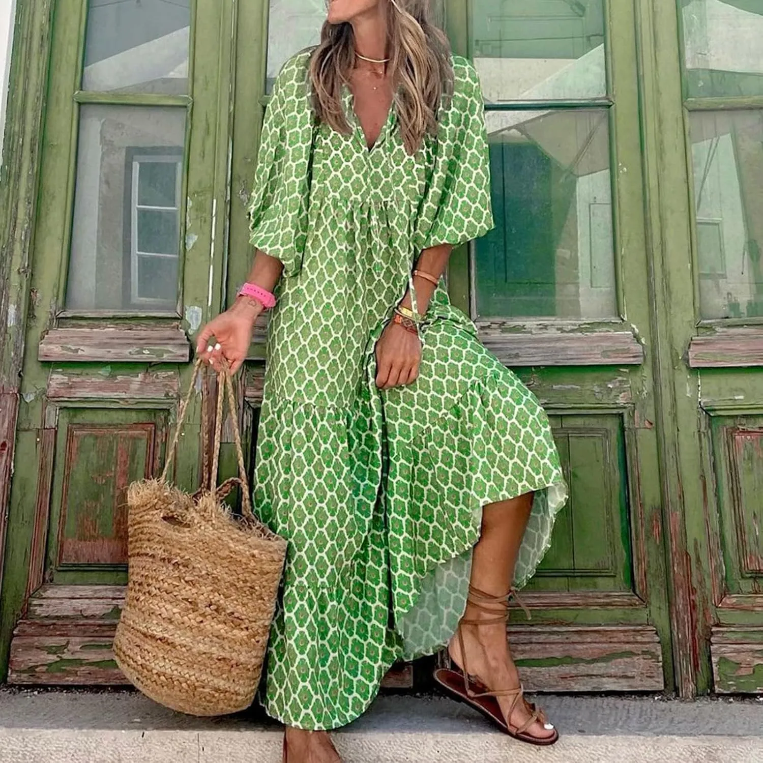 Dresses for Women Summer Boho Loose Fit Sundress Puff Half Sleeve V Neck Maxi Dress Printed Floral Dresses 2025