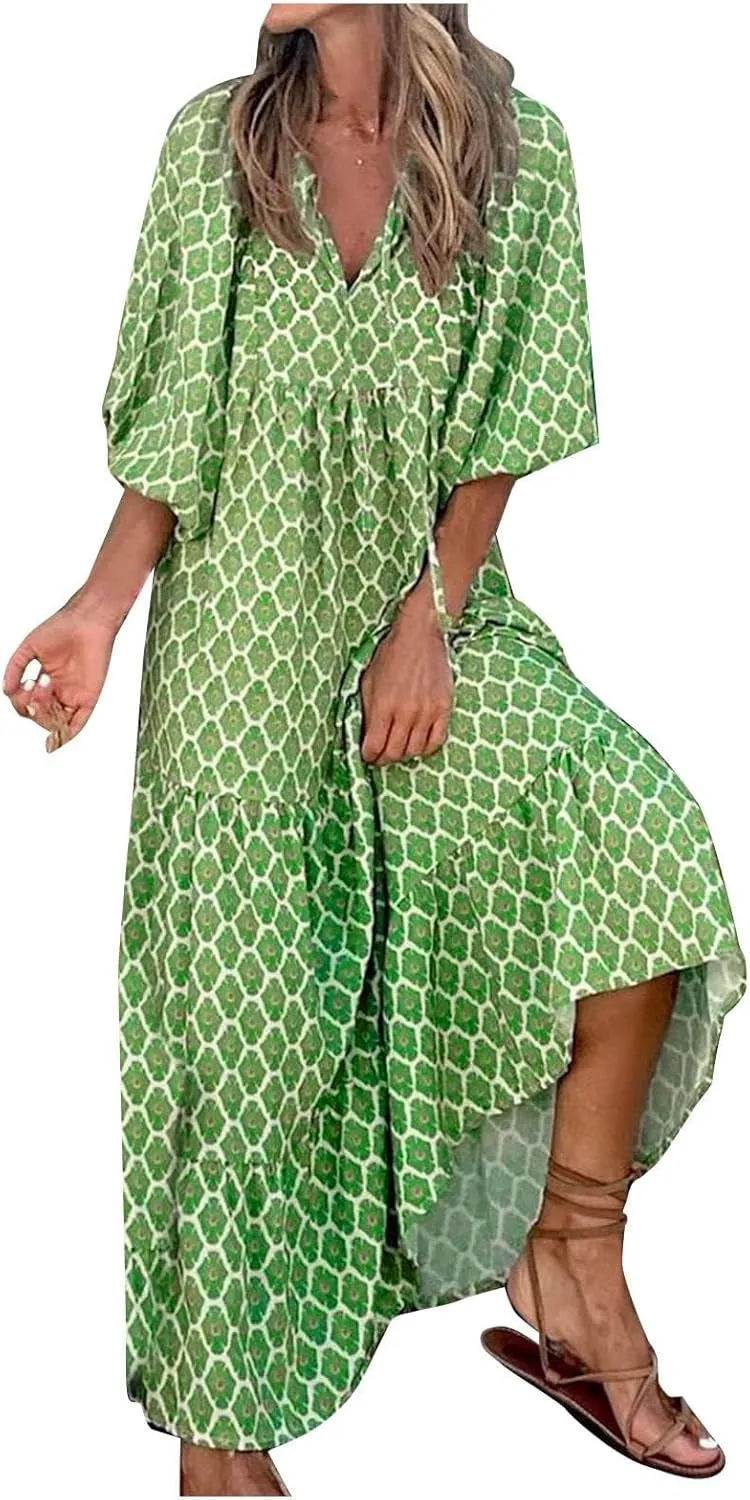 Dresses for Women Summer Boho Loose Fit Sundress Puff Half Sleeve V Neck Maxi Dress Printed Floral Dresses 2025