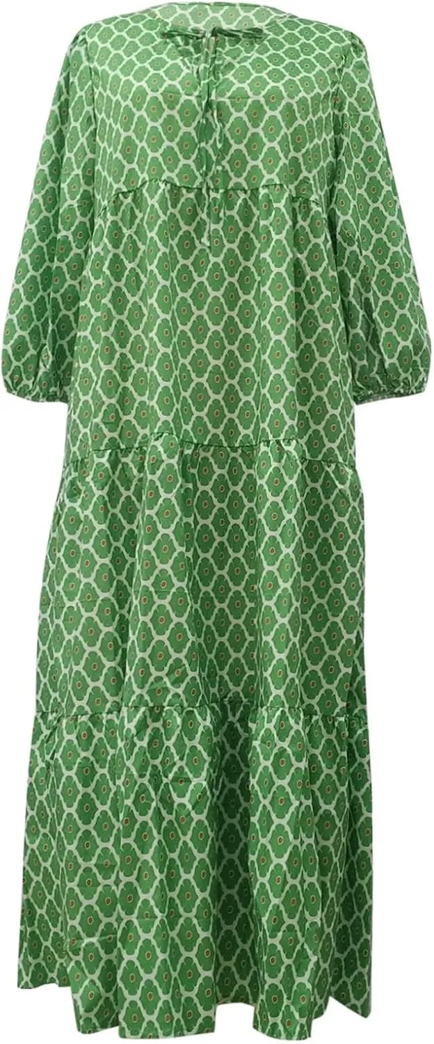 Dresses for Women Summer Boho Loose Fit Sundress Puff Half Sleeve V Neck Maxi Dress Printed Floral Dresses 2025