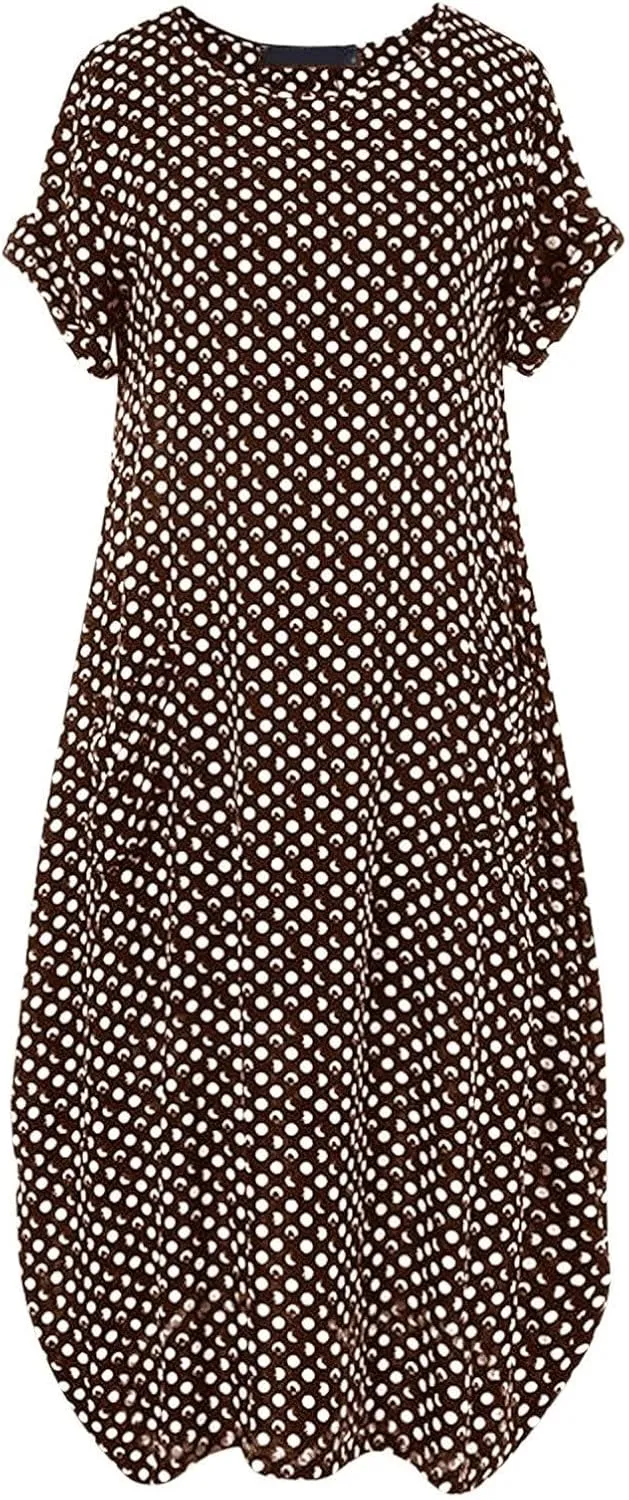 Dresses for Women Summer Dot Printed Short Sleeve Crewneck Sundress Plus Size Loose Fit Maxi Dress 2025