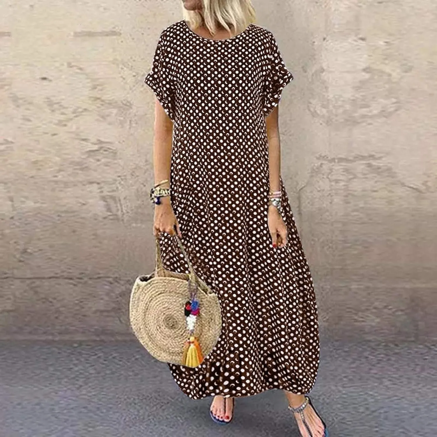 Dresses for Women Summer Dot Printed Short Sleeve Crewneck Sundress Plus Size Loose Fit Maxi Dress 2025