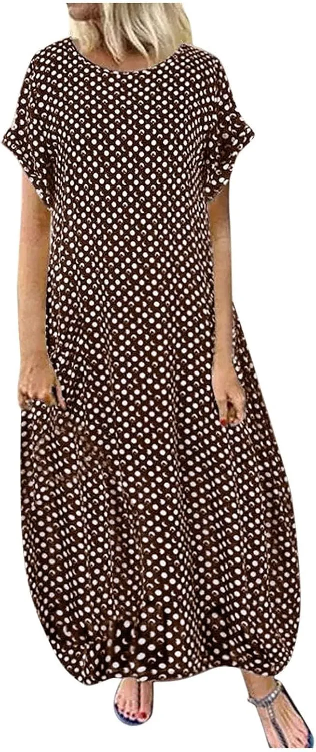 Dresses for Women Summer Dot Printed Short Sleeve Crewneck Sundress Plus Size Loose Fit Maxi Dress 2025