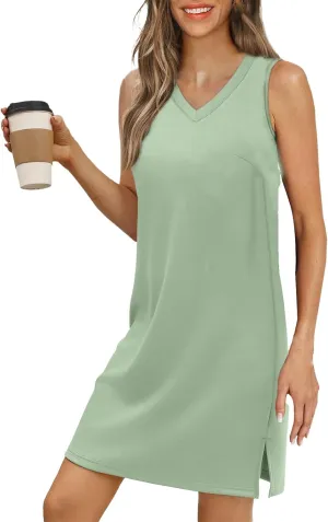 Dresses for Women Summer Sleeveless V Neck Sundresses Solid Color Casual Mini Dress Side Split Tank Dresses 2025