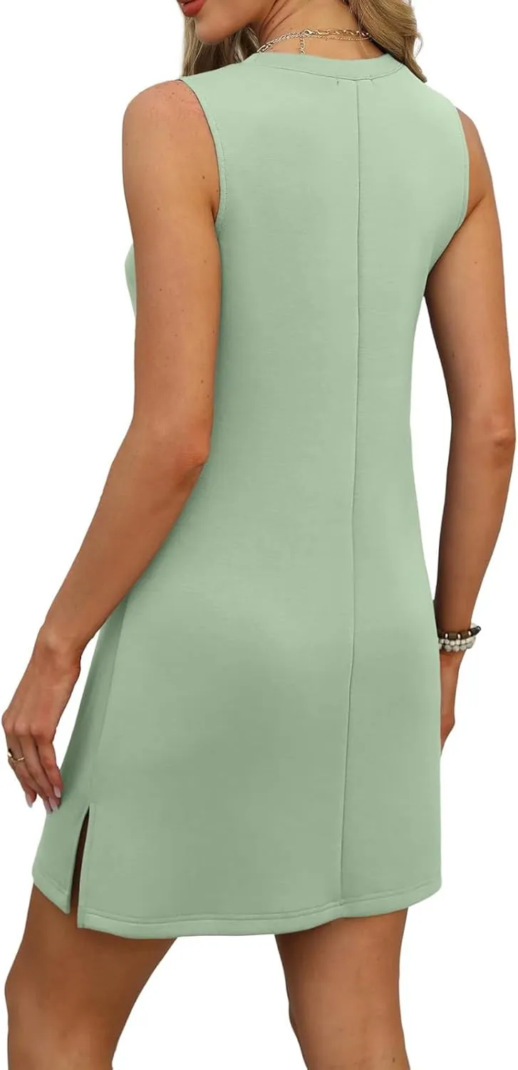 Dresses for Women Summer Sleeveless V Neck Sundresses Solid Color Casual Mini Dress Side Split Tank Dresses 2025