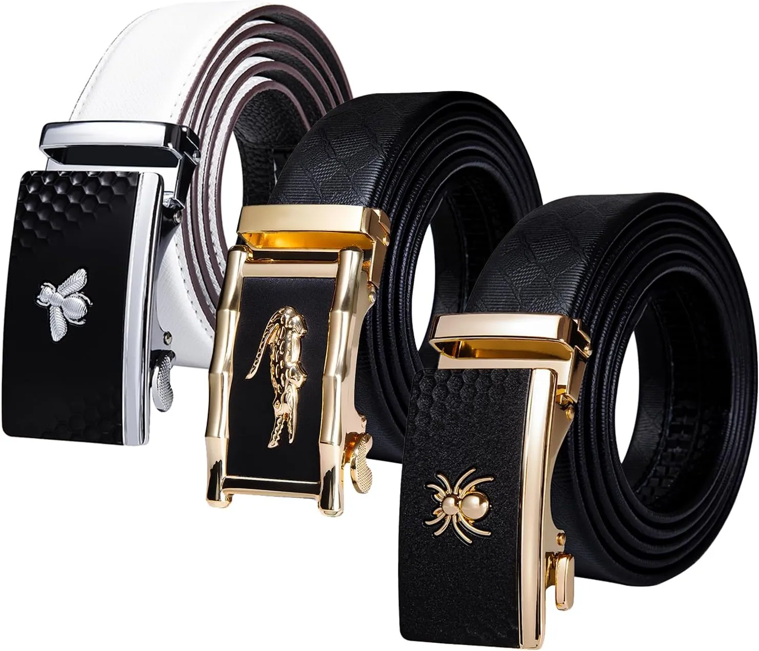 Dubulle 3PCS Mens Belt Black Gold Ratchet Leather Automatic Buckle Adjustable Sliding Belts for Dress Party