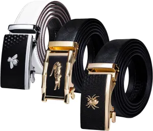 Dubulle 3PCS Mens Belt Black Gold Ratchet Leather Automatic Buckle Adjustable Sliding Belts for Dress Party