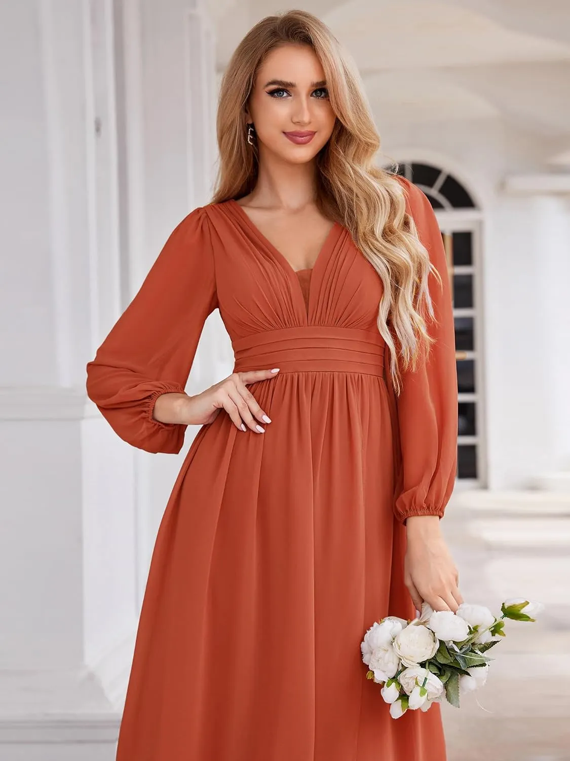 Ever-Pretty Women's Fall Lantern Sleeve A Line High Low Bridesmaid Dresses 02043