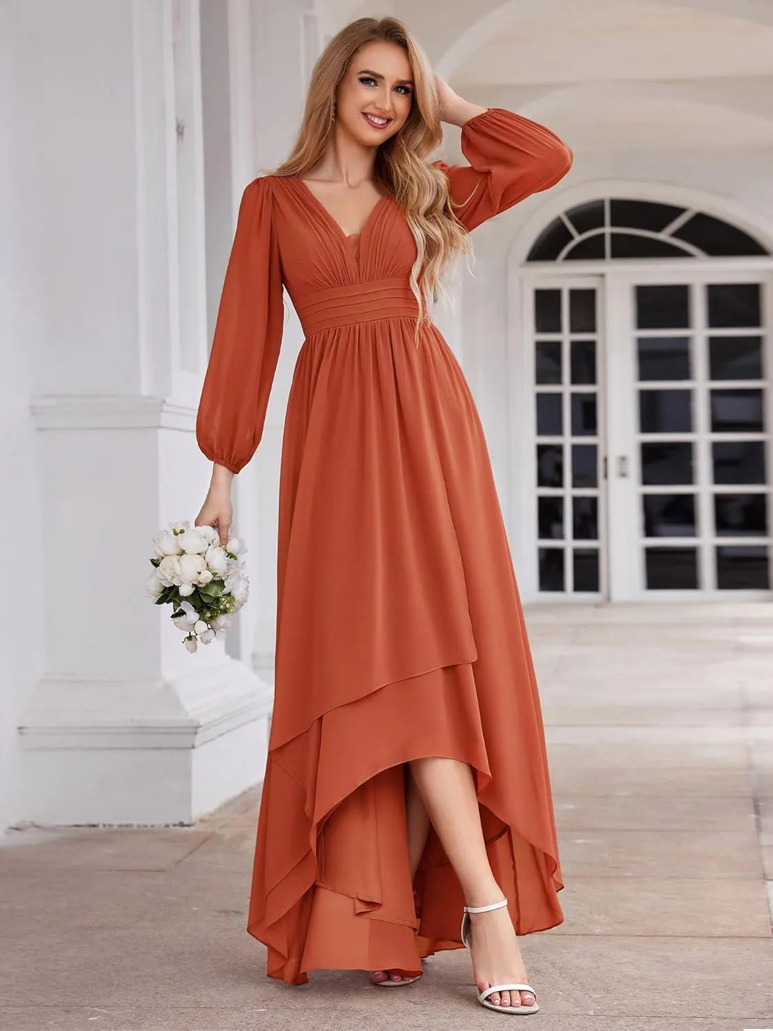Ever-Pretty Women's Fall Lantern Sleeve A Line High Low Bridesmaid Dresses 02043