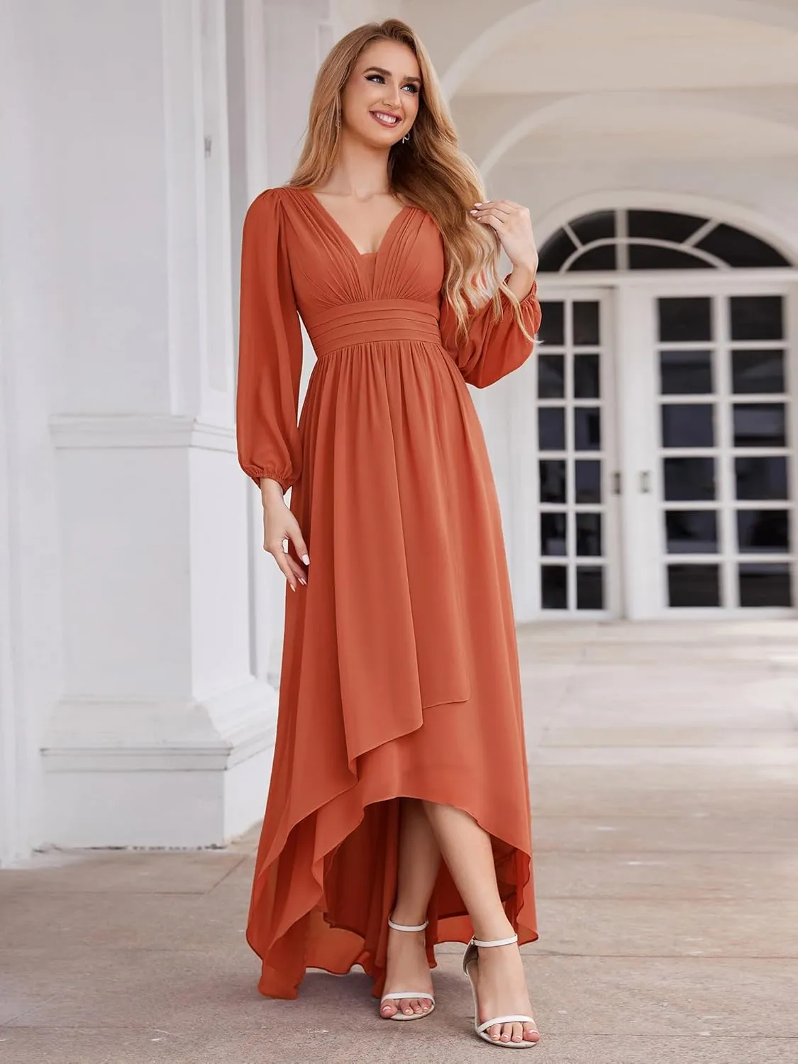 Ever-Pretty Women's Fall Lantern Sleeve A Line High Low Bridesmaid Dresses 02043