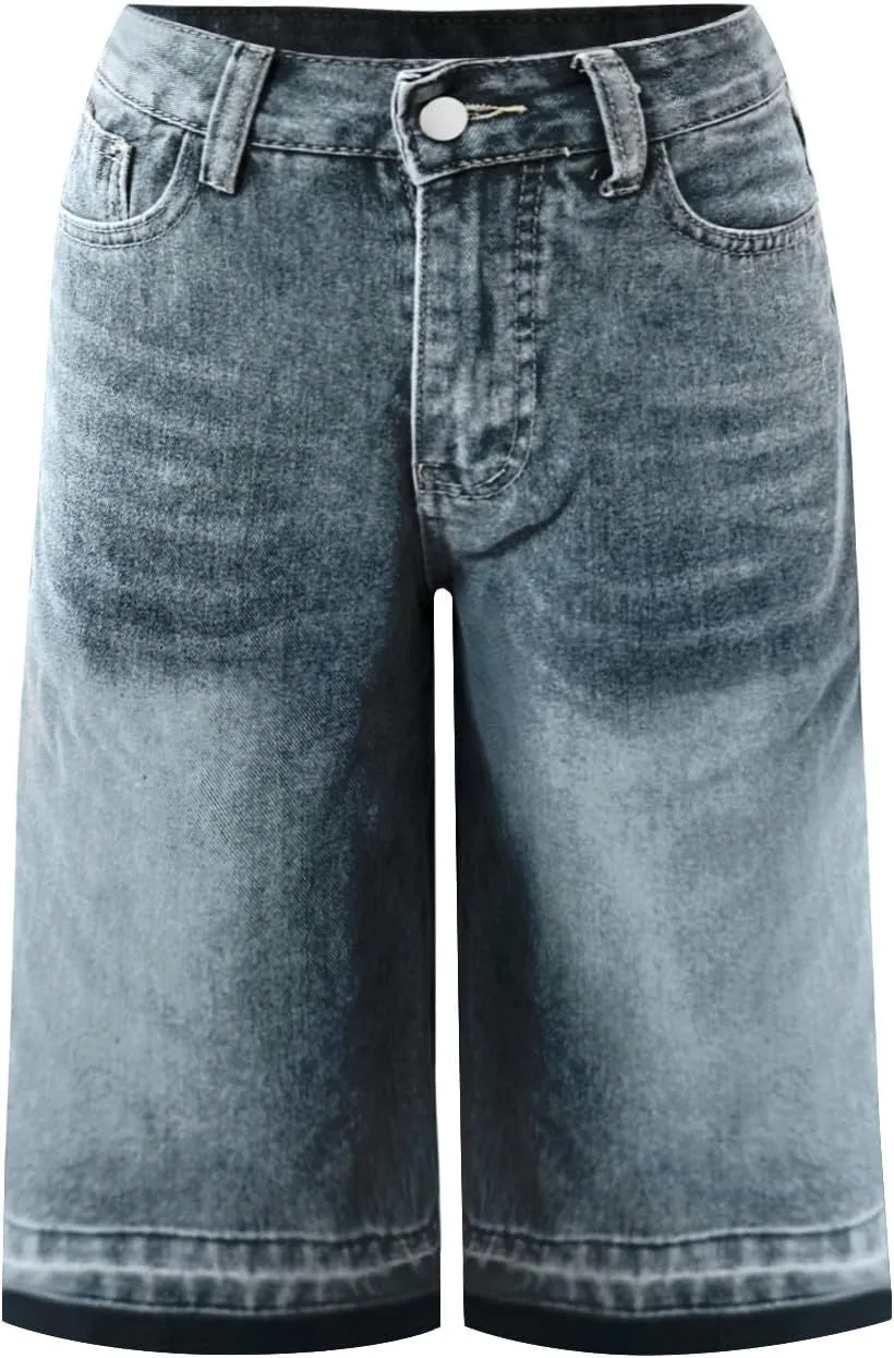 fanmpghleoo Jean Shorts Womens High Rise Long Wide Leg Denim Bermuda Shorts Trendy Baggy Jeans Summer Casual Denim Pants