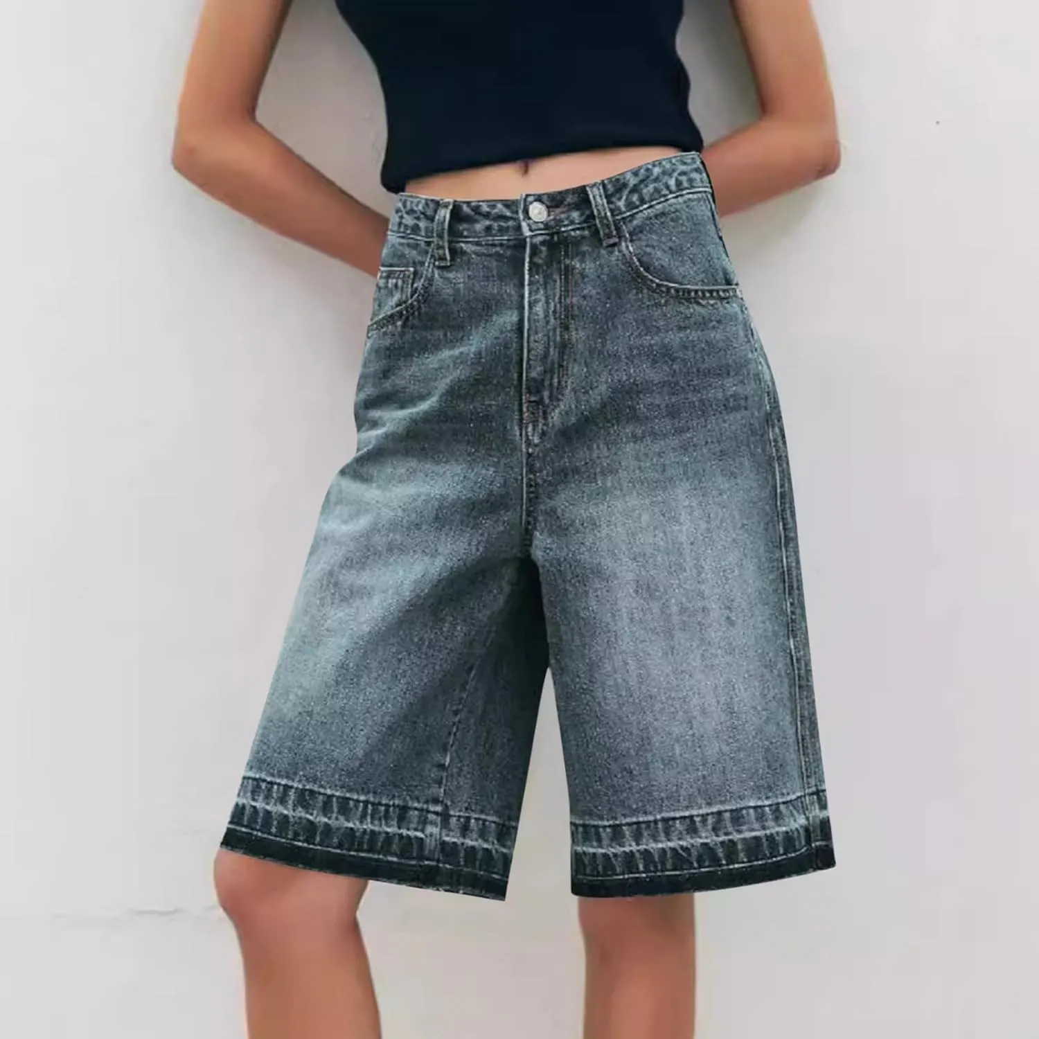 fanmpghleoo Jean Shorts Womens High Rise Long Wide Leg Denim Bermuda Shorts Trendy Baggy Jeans Summer Casual Denim Pants