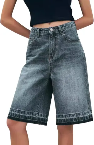 fanmpghleoo Jean Shorts Womens High Rise Long Wide Leg Denim Bermuda Shorts Trendy Baggy Jeans Summer Casual Denim Pants