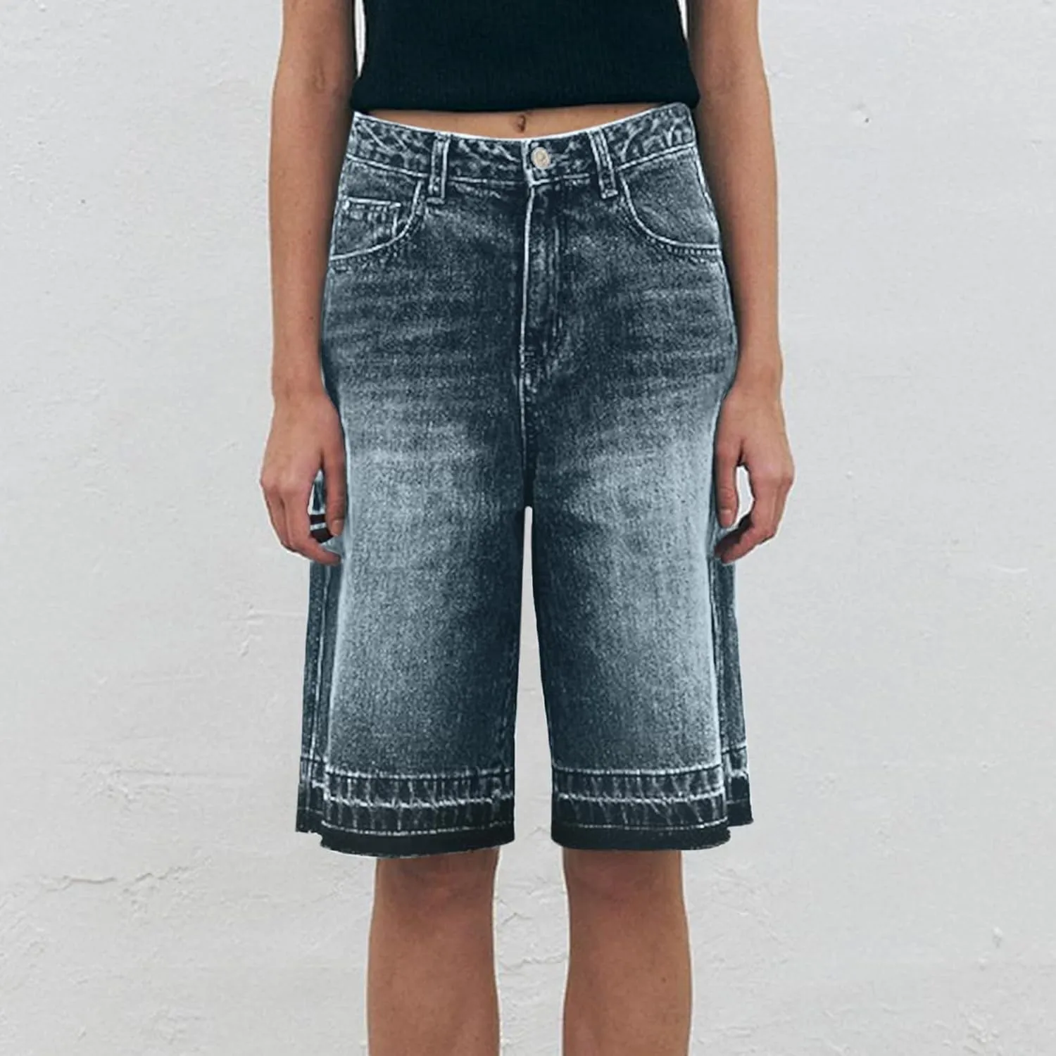 fanmpghleoo Jean Shorts Womens High Rise Long Wide Leg Denim Bermuda Shorts Trendy Baggy Jeans Summer Casual Denim Pants