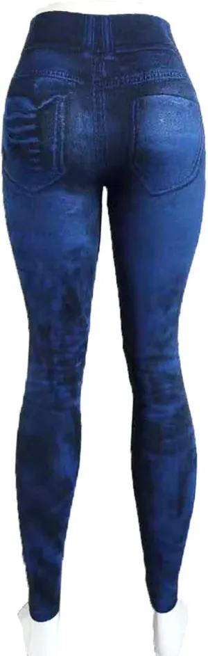 Faux Denim Leggings for Women Fashion High Waisted Yoga Pants Distressed Ripped Jeggings Tights Stretch Denim Jeans