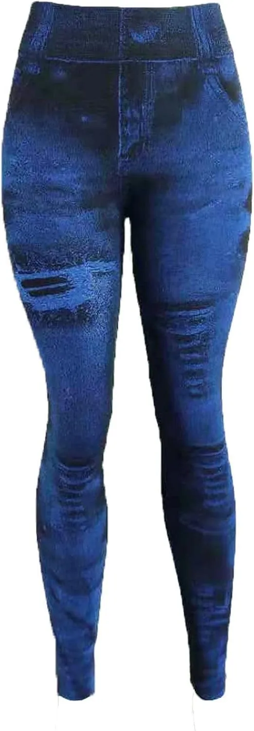 Faux Denim Leggings for Women Fashion High Waisted Yoga Pants Distressed Ripped Jeggings Tights Stretch Denim Jeans