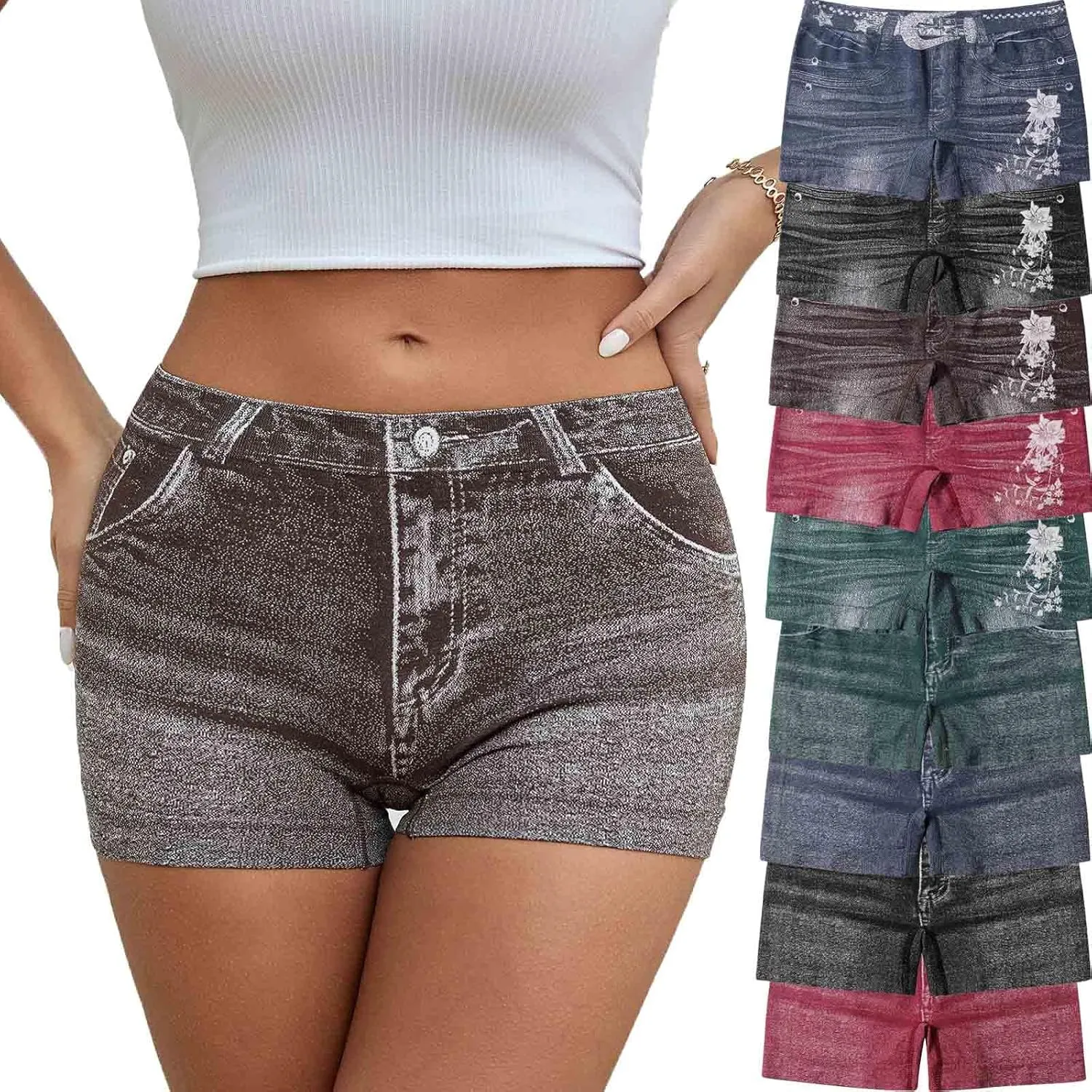 Faux Jeans Shorts for Women Summer Mid Rise Stretchy Denim Shorts Butt Lifting Slimming Ripped Shorts for Curvy Women
