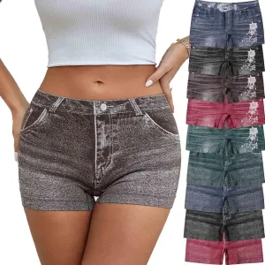 Faux Jeans Shorts for Women Summer Mid Rise Stretchy Denim Shorts Butt Lifting Slimming Ripped Shorts for Curvy Women
