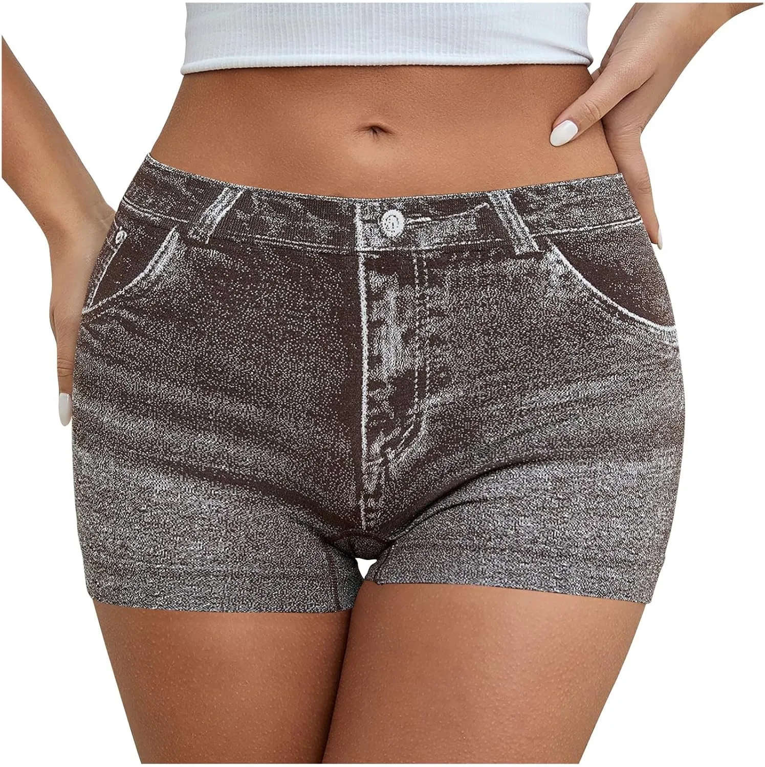 Faux Jeans Shorts for Women Summer Mid Rise Stretchy Denim Shorts Butt Lifting Slimming Ripped Shorts for Curvy Women