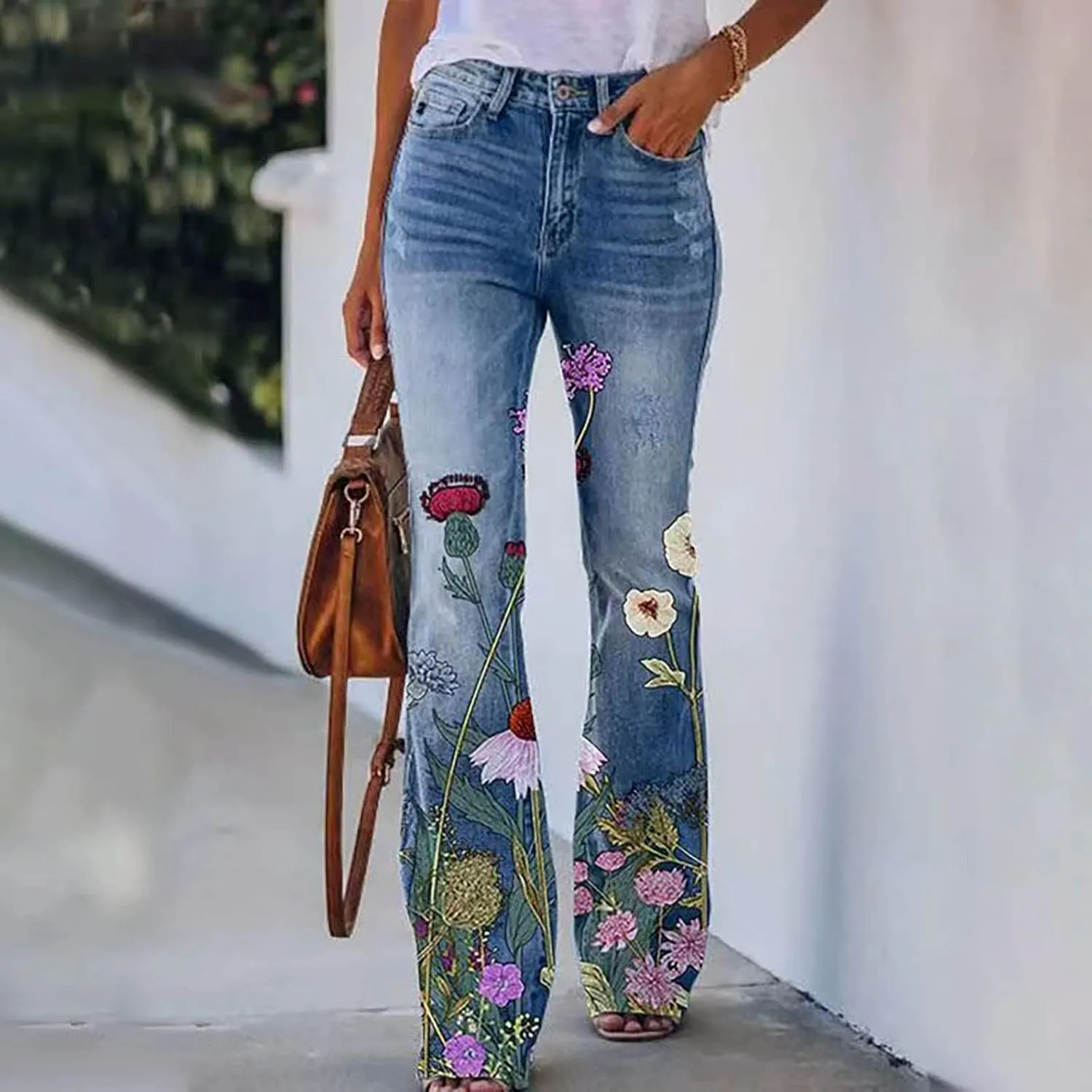 Flare Jeans for Women Fashion Print Bell Bottom Jeans Loose High Waisted Wide Leg Denim Jeans with Pockets