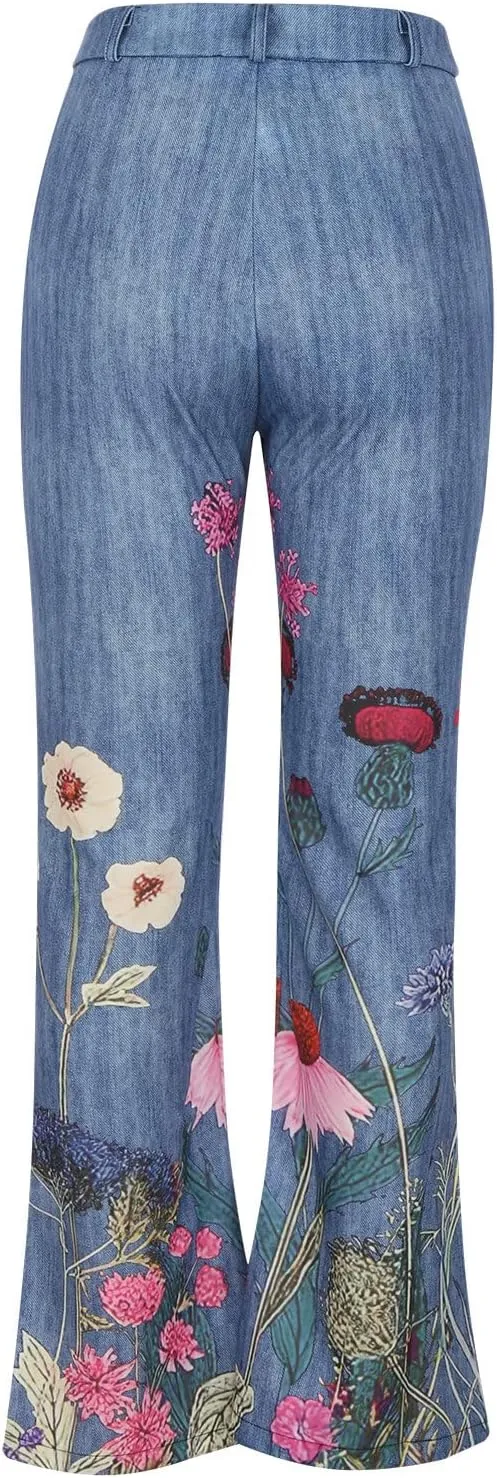 Flare Jeans for Women Fashion Print Bell Bottom Jeans Loose High Waisted Wide Leg Denim Jeans with Pockets