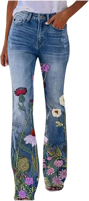 Flare Jeans for Women Fashion Print Bell Bottom Jeans Loose High Waisted Wide Leg Denim Jeans with Pockets