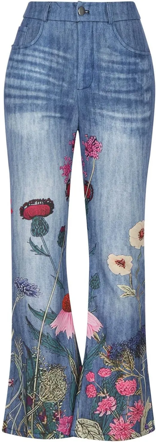 Flare Jeans for Women Fashion Print Bell Bottom Jeans Loose High Waisted Wide Leg Denim Jeans with Pockets