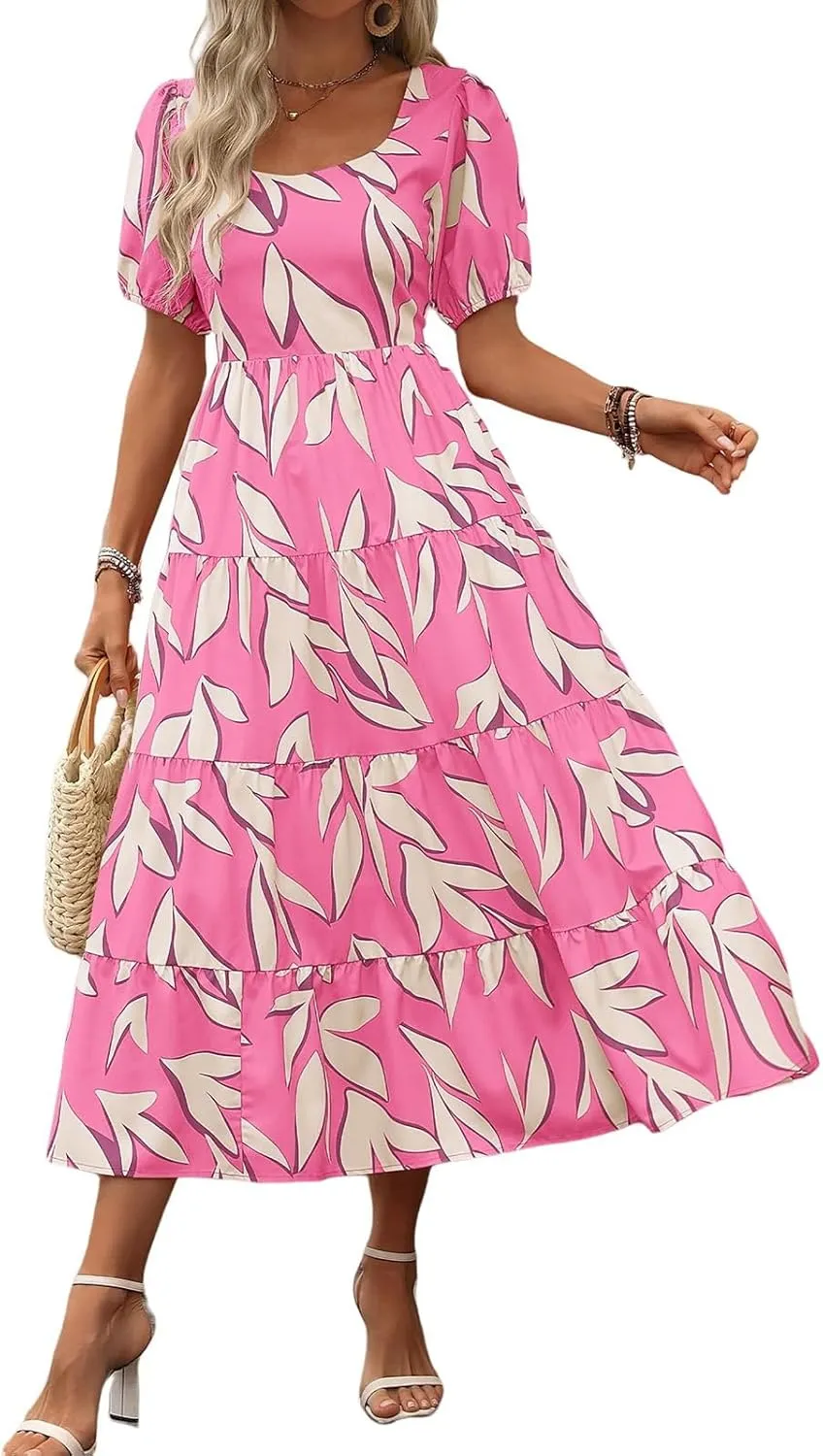 Floral Dress for Women Summer Puff Short Sleeve Square Neck Maxi Dress Casual Ruffle High Waist Dresses 2025