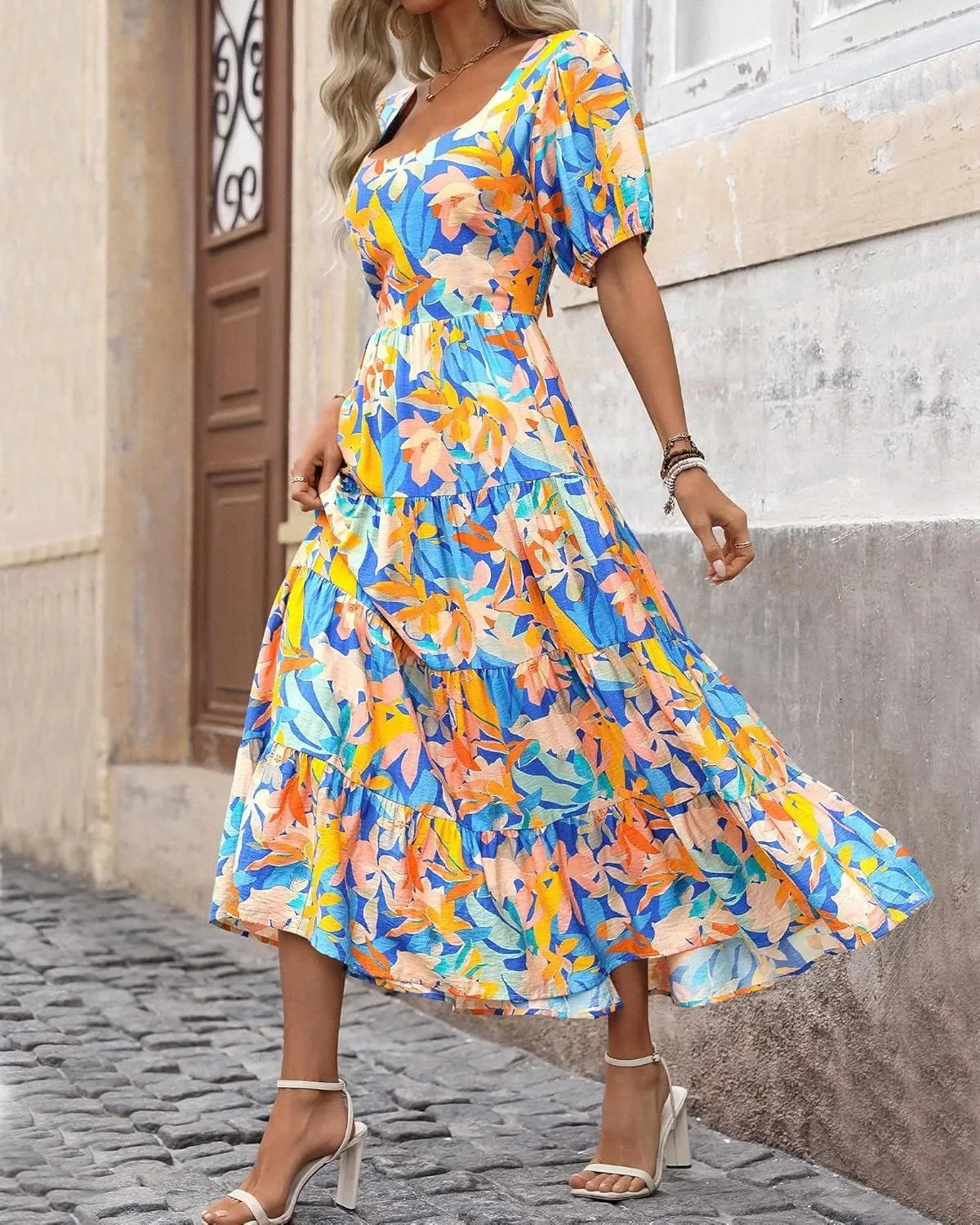 Floral Dress for Women Summer Puff Short Sleeve Square Neck Maxi Dress Casual Ruffle High Waist Dresses 2025