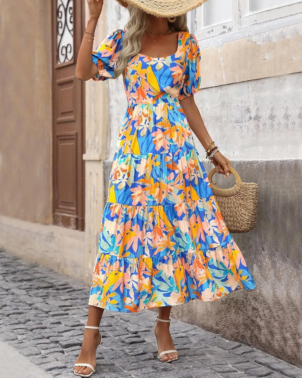 Floral Dress for Women Summer Puff Short Sleeve Square Neck Maxi Dress Casual Ruffle High Waist Dresses 2025
