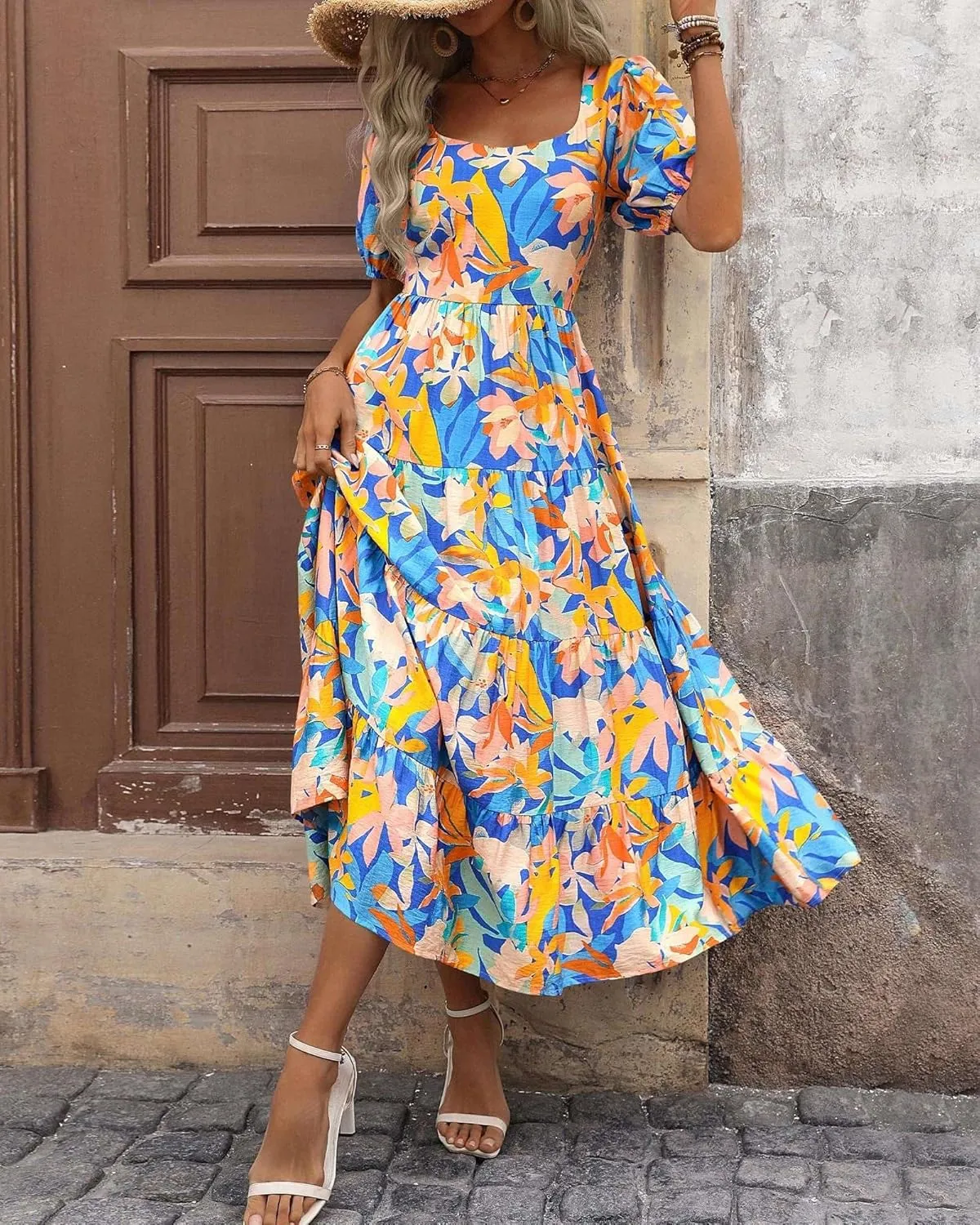 Floral Dress for Women Summer Puff Short Sleeve Square Neck Maxi Dress Casual Ruffle High Waist Dresses 2025