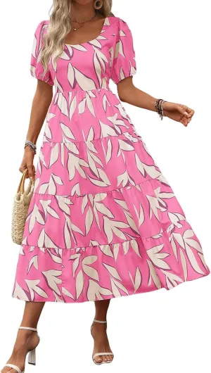 Floral Dress for Women Summer Puff Short Sleeve Square Neck Maxi Dress Casual Ruffle High Waist Dresses 2025