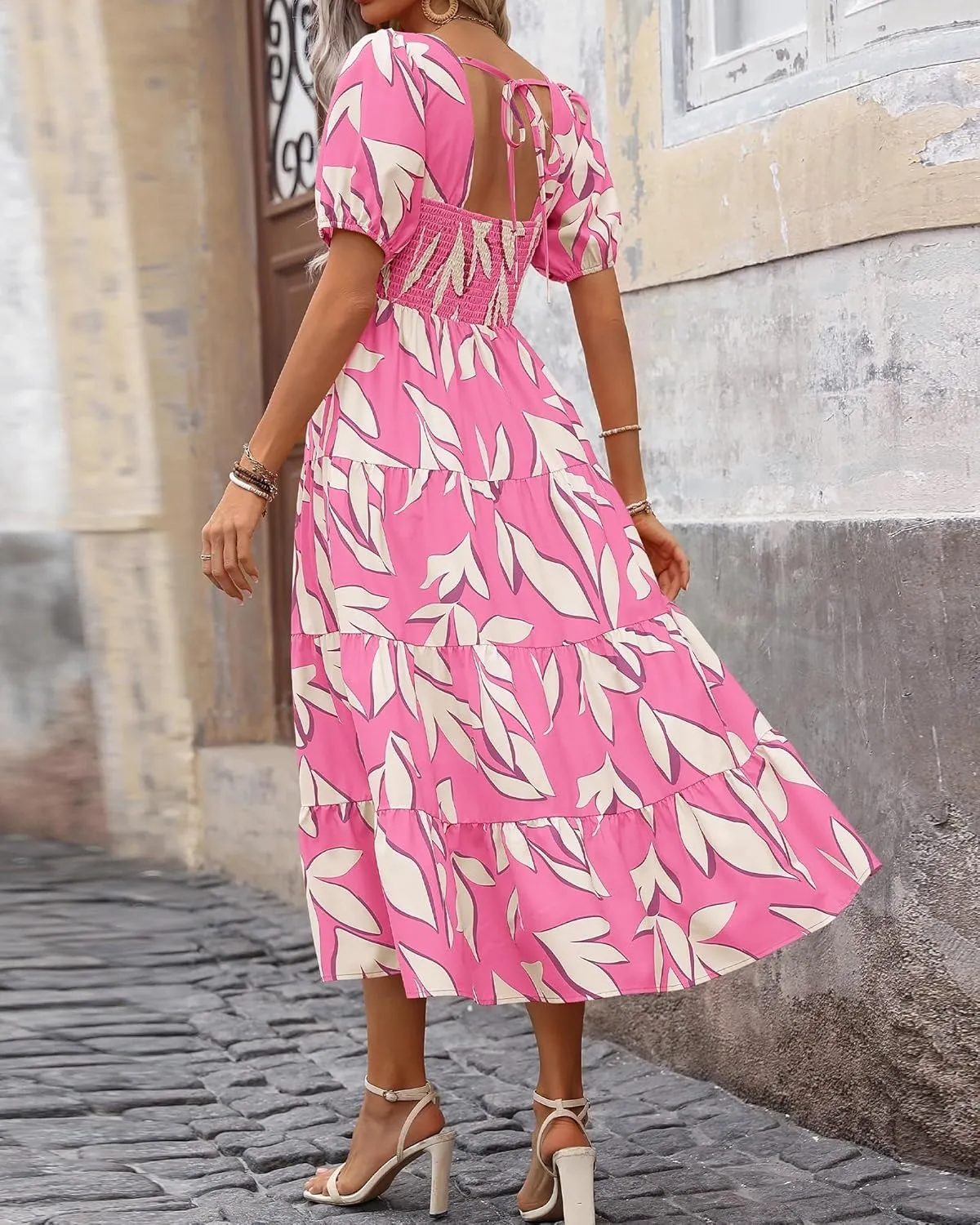Floral Dress for Women Summer Puff Short Sleeve Square Neck Maxi Dress Casual Ruffle High Waist Dresses 2025