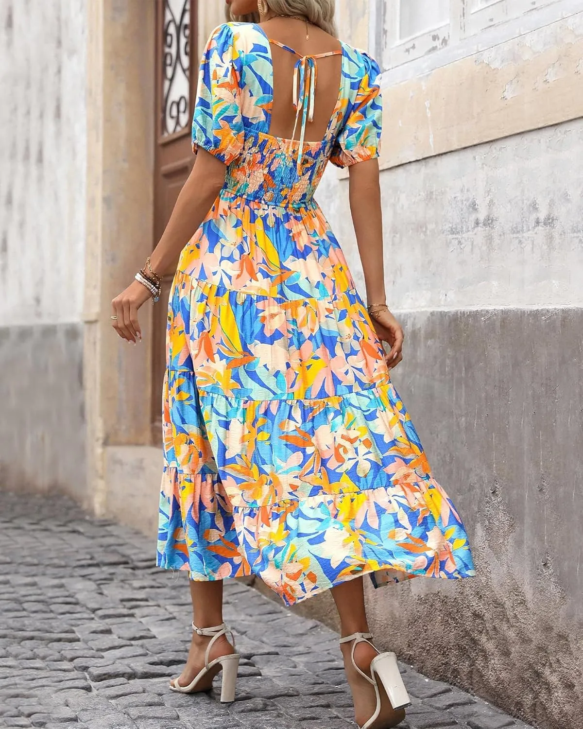 Floral Dress for Women Summer Puff Short Sleeve Square Neck Maxi Dress Casual Ruffle High Waist Dresses 2025